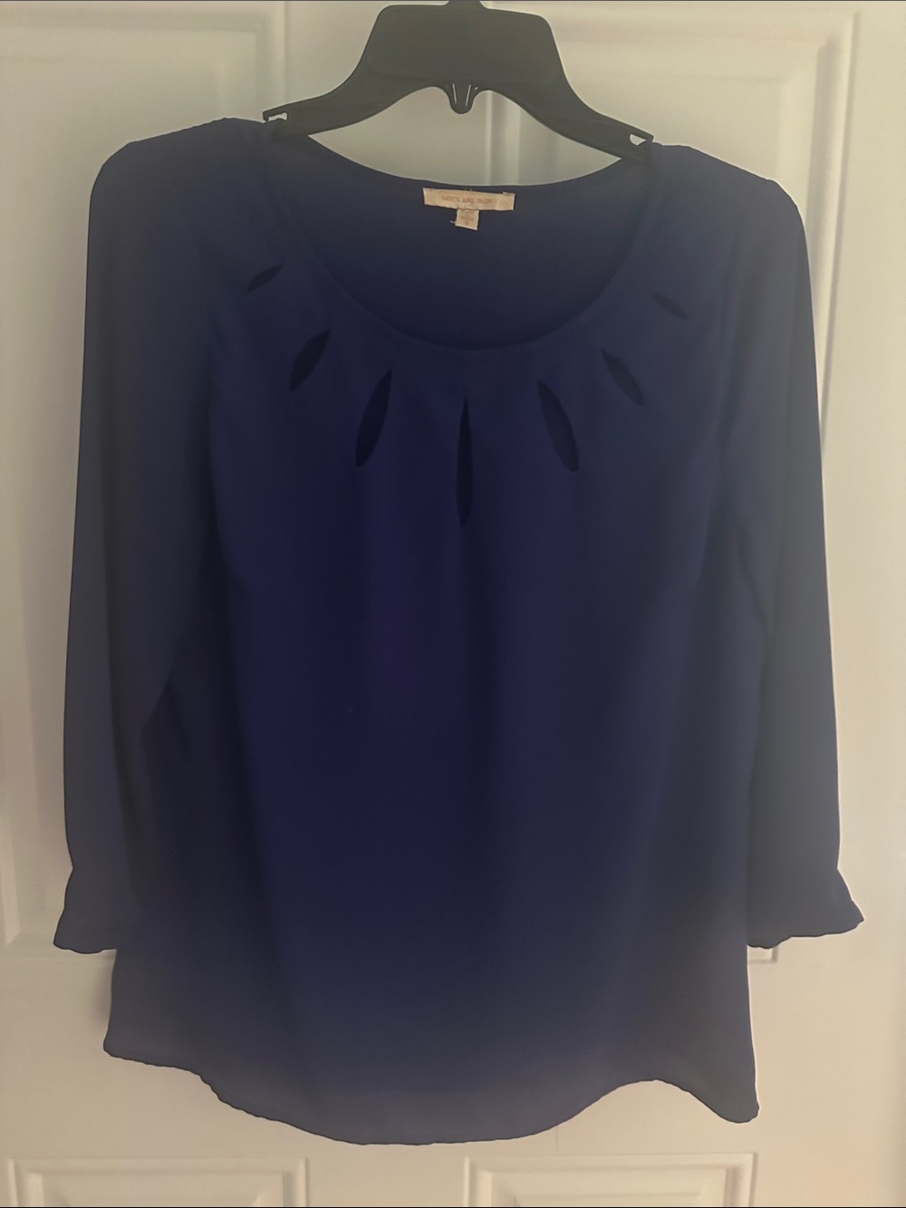 Women's Navy 3/4 Sleeve Cutout Blouse